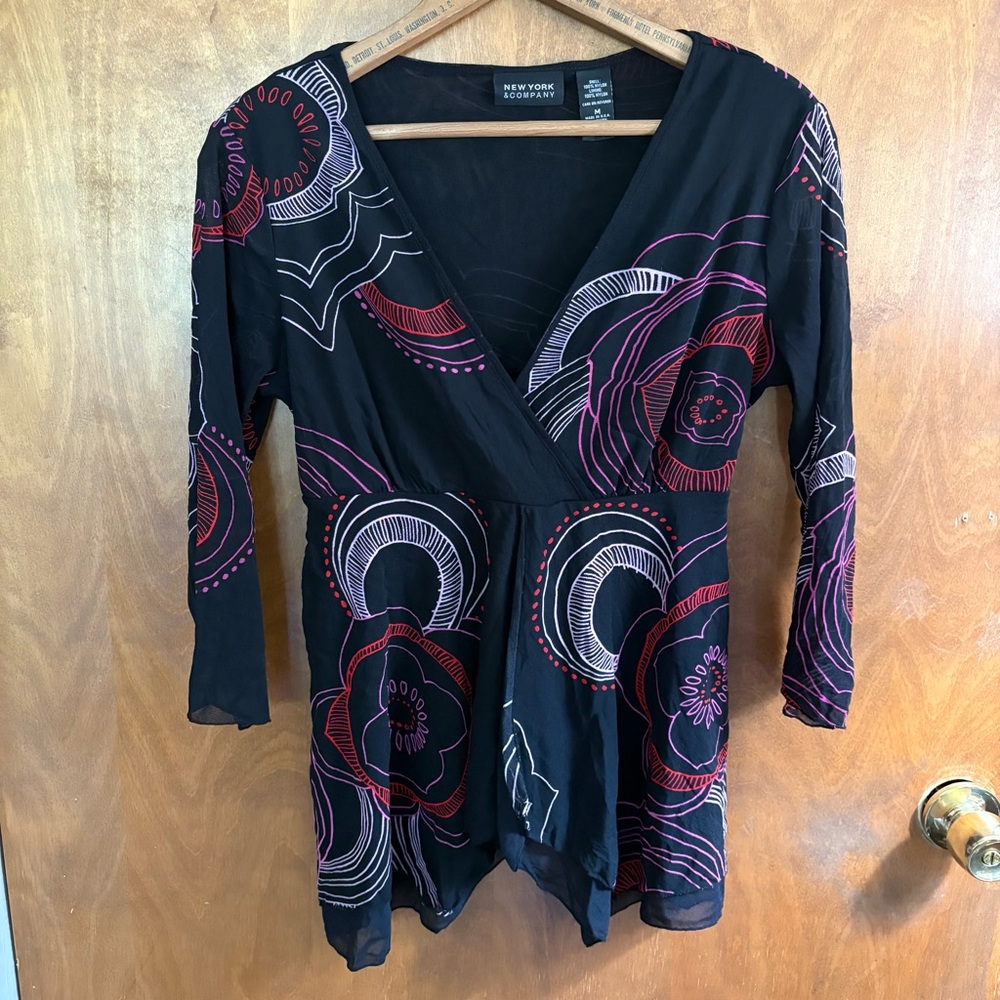 Vintage Y2K Black Floral Sheer Mesh Babydoll Top Flyaway Wrap Fairy Asymmetrical